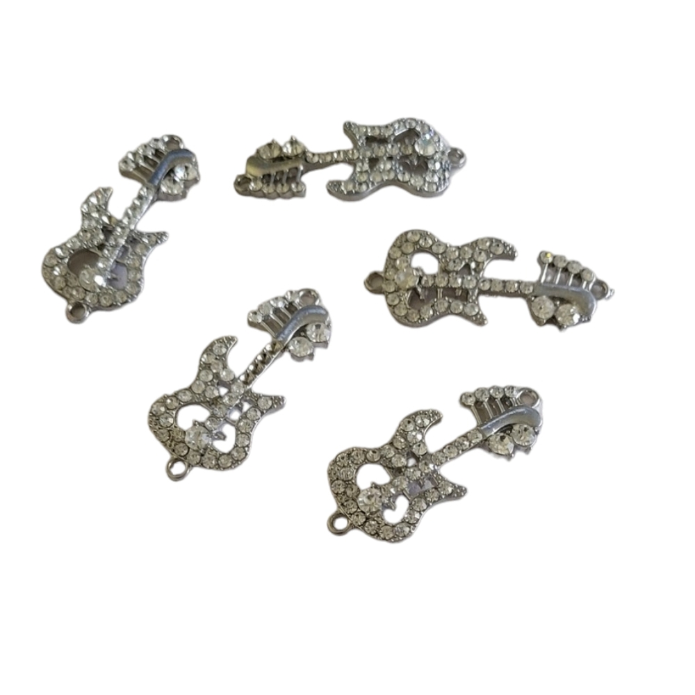 5pc Electric Guitars Silver Rhinestone Connector Charms for Jewelry Making